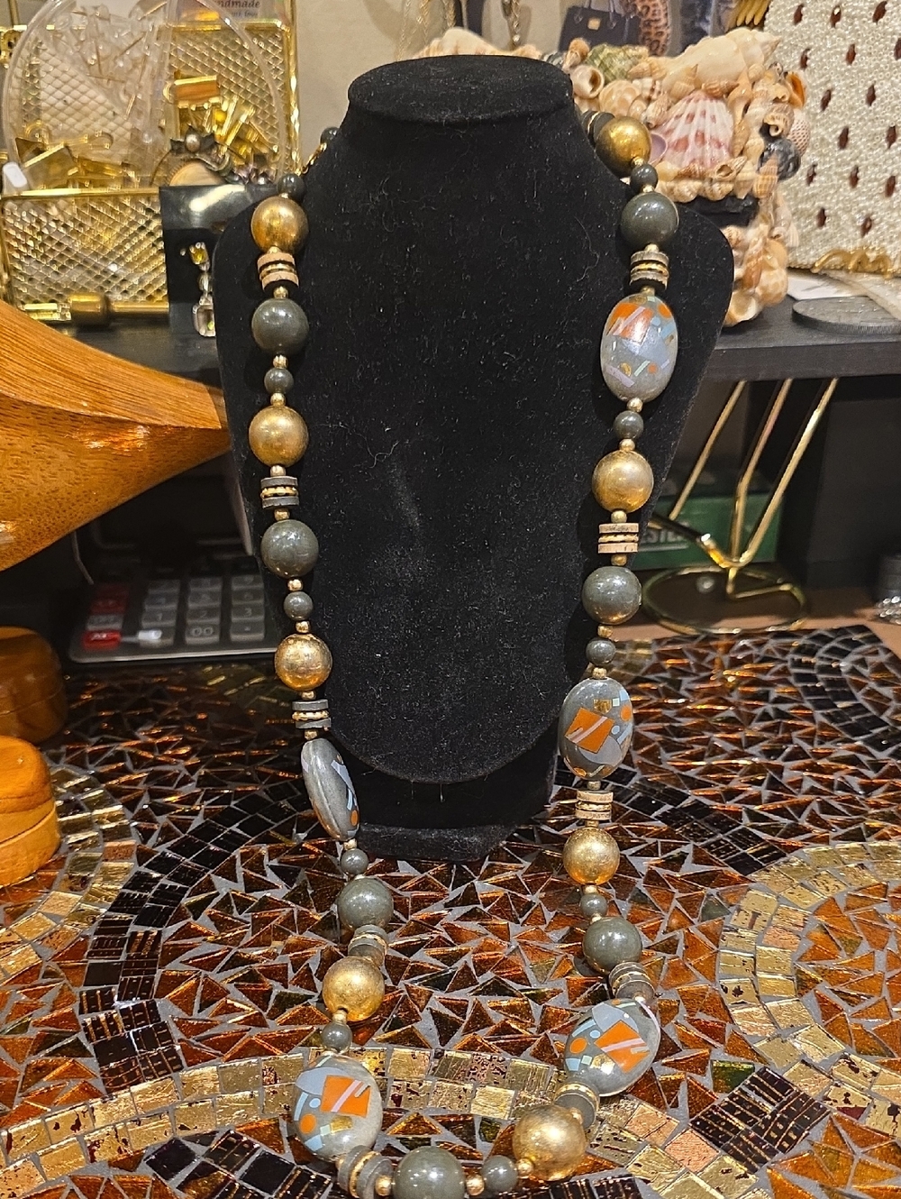 Gold and Gray Decorative Beaded Long Necklace